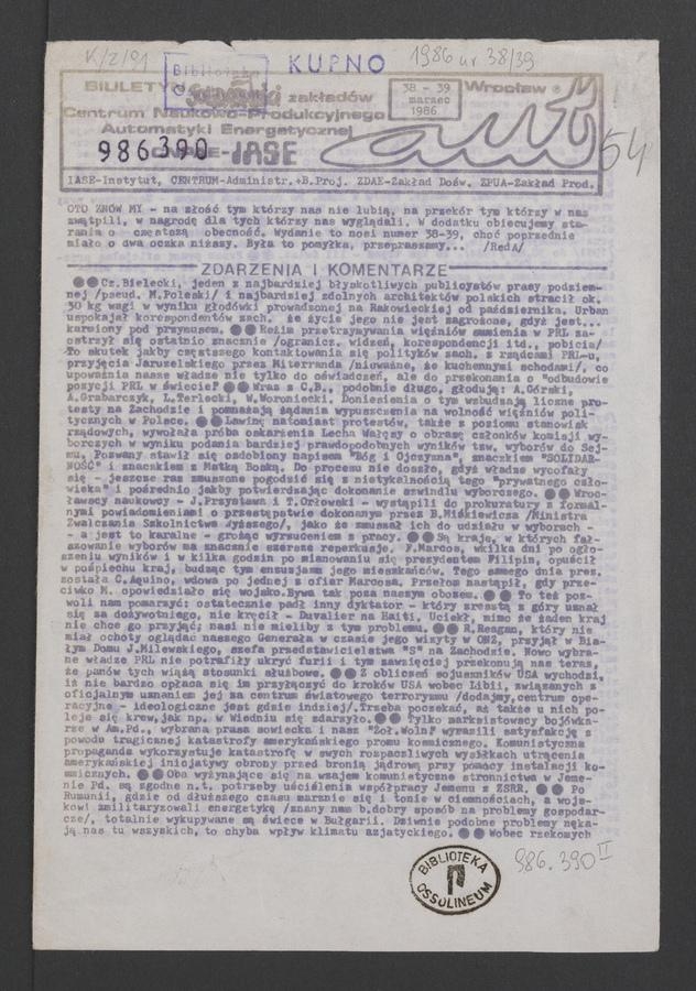Aut : biuletyn Solidarności zakładów Centrum Naukowo-Produkcyjnego Automatyki Energetycznej. 1986, numer 38-39