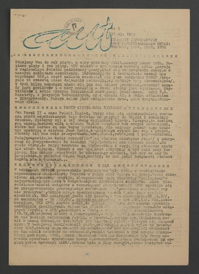 Aut : biuletyn informacyjny Solidarności Zakładów CNPAE: Centrum, IASE, ZDAE, ZPUA. 1983, numer 5
