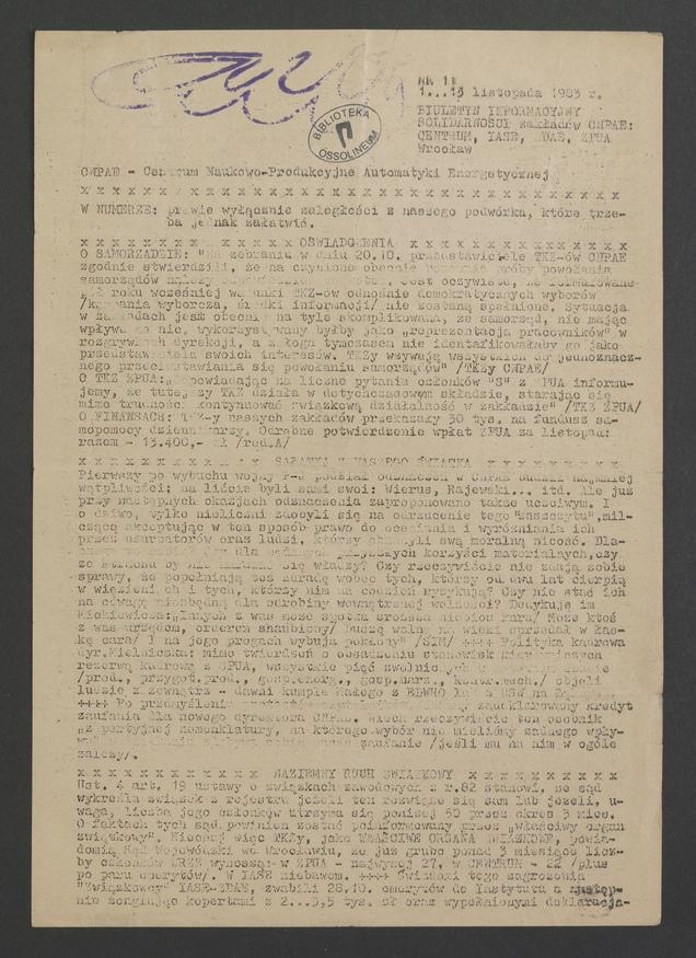 Aut : biuletyn informacyjny Solidarności Zakładów CNPAE: Centrum, IASE, ZDAE, ZPUA. 1983, numer 11