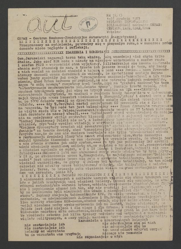 Aut : biuletyn informacyjny Solidarności Zakładów CNPAE: Centrum, IASE, ZDAE, ZPUA. 1983, numer 12-13