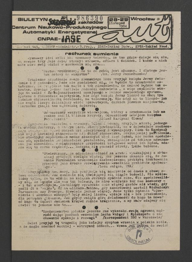 Aut : biuletyn Solidarności wrocławskich zakładów Centrum Naukowo-Produkcyjnego Automatyki Energetycznej. 1984, numer 28-29