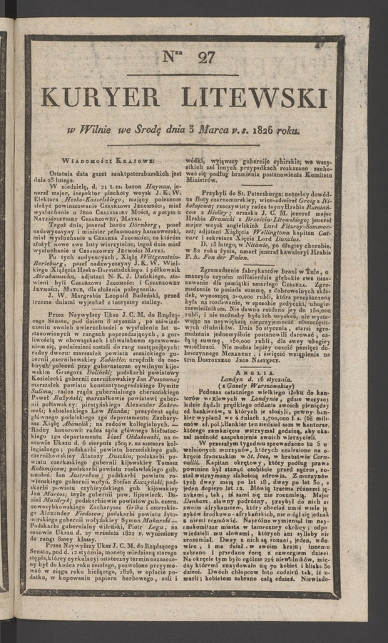 Kuryer Litewski. 1826, numer 27