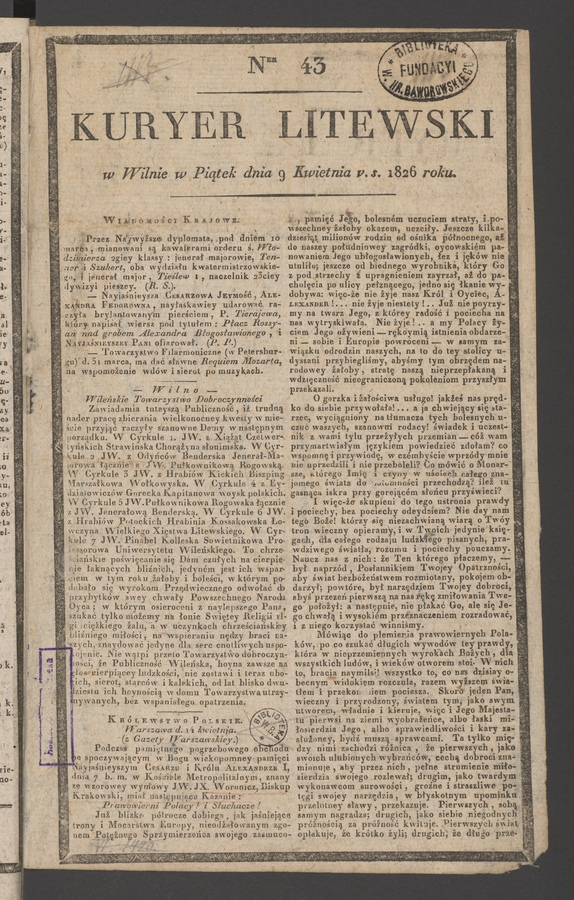 Kuryer Litewski. 1826, numer 43