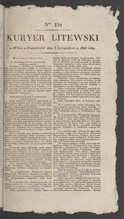 Kuryer Litewski. 1826, numer 134