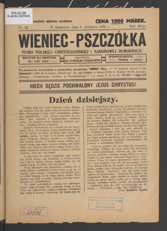 Wieniec-Pszczółka : pismo polskiej chrześcijańskiej i narodowej demokracji. Rok 49, 1923, numer 33