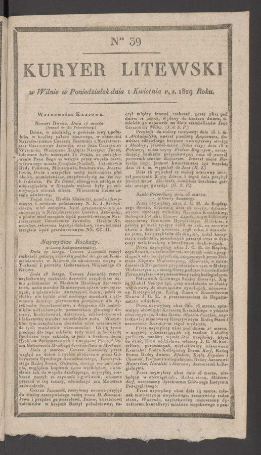 Kuryer Litewski. 1829, numer 39
