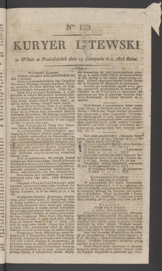 Kuryer Litewski. 1823, numer 139