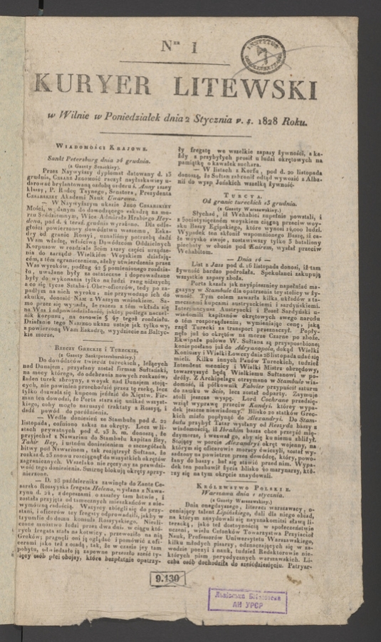 Kuryer Litewski. 1828, numer 1