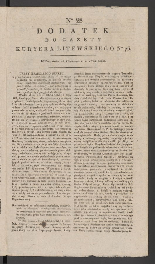 Dodatek do gazety Kuryera Litewskiego numeru 76, 1828, numer 28