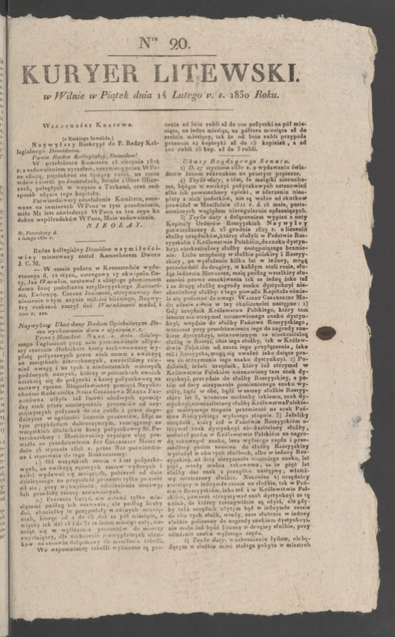Kuryer Litewski. 1830, numer 20