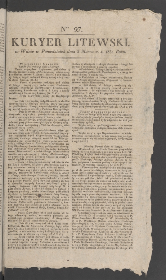 Kuryer Litewski. 1830, numer 27