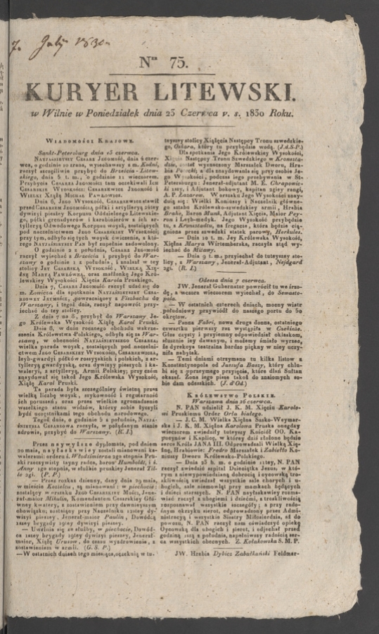 Kuryer Litewski. 1830, numer 75