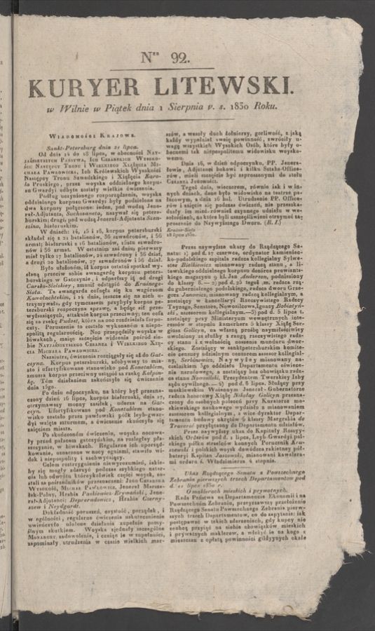 Kuryer Litewski. 1830, numer 92