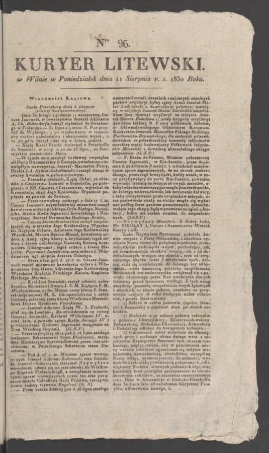 Kuryer Litewski. 1830, numer 96