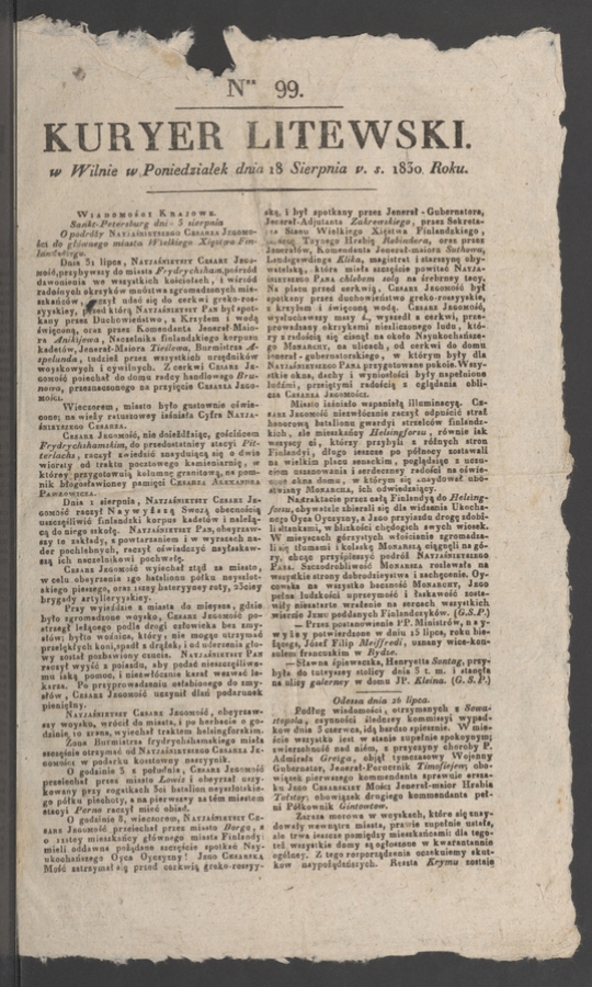 Kuryer Litewski. 1830, numer 99