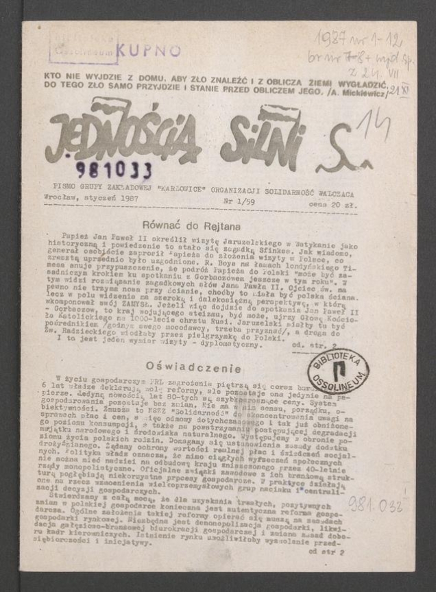 Jednością Silni : pismo Grupy Zakładowej „Karłowice” Organizacji Solidarność Walcząca. 1987, numer 1 (59)