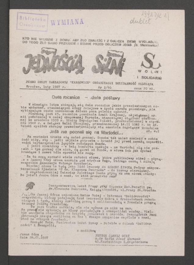 Jednością Silni : pismo Grupy Zakładowej „Karłowice” Organizacji Solidarność Walcząca. 1987, numer 2 (60)