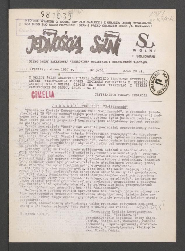 Jednością Silni : pismo Grupy Zakładowej „Karłowice” Organizacji Solidarność Walcząca. 1987, numer 3 (61)