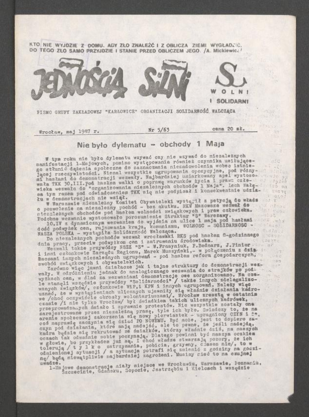 Jednością Silni : pismo Grupy Zakładowej „Karłowice” Organizacji Solidarność Walcząca. 1987, numer 5 (63)