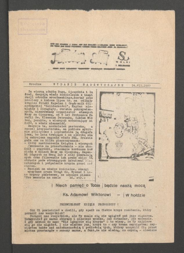 Jednością Silni : pismo Grupy Zakładowej „Karłowice” Organizacji Solidarność Walcząca. 1987, wydanie nadzwyczajne