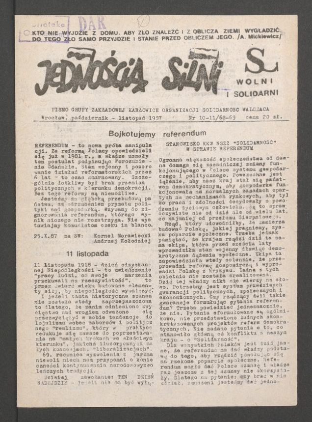 Jednością Silni : pismo Grupy Zakładowej „Karłowice” Organizacji Solidarność Walcząca. 1987, numer 10-11 (68-69)