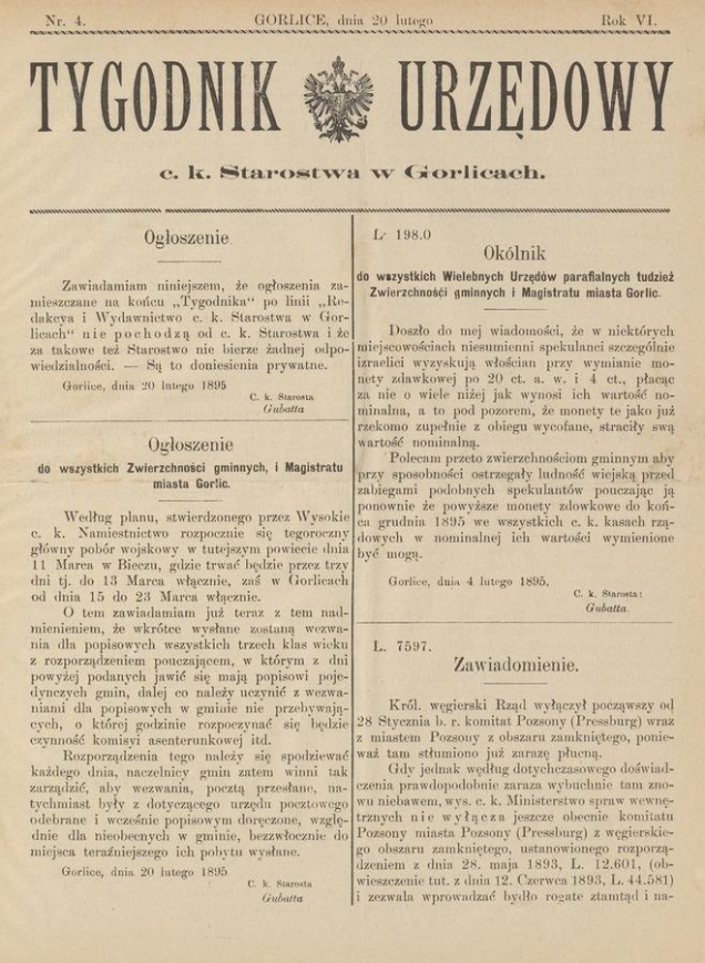 Tygodnik Urzędowy c. k. Starostwa w Gorlicach. Rok 6, 1895, numer 4