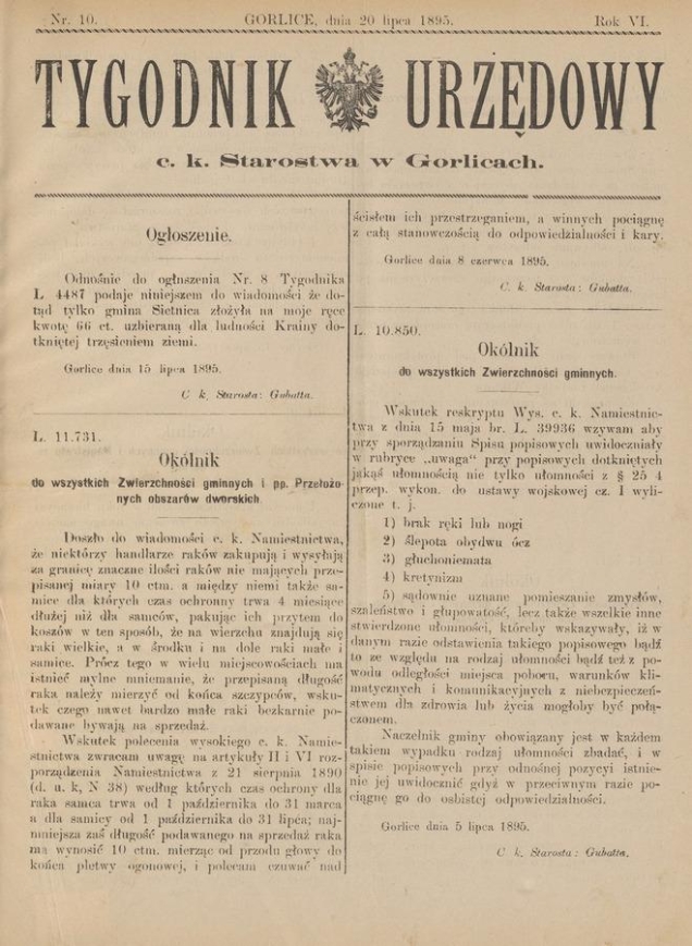 Tygodnik Urzędowy c. k. Starostwa w Gorlicach. Rok 6, 1895, numer 10