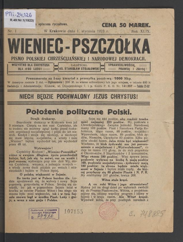 Wieniec-Pszczółka : pismo polskiej chrześcijańskiej i narodowej demokracji. Rok 49, 1923, numer 1
